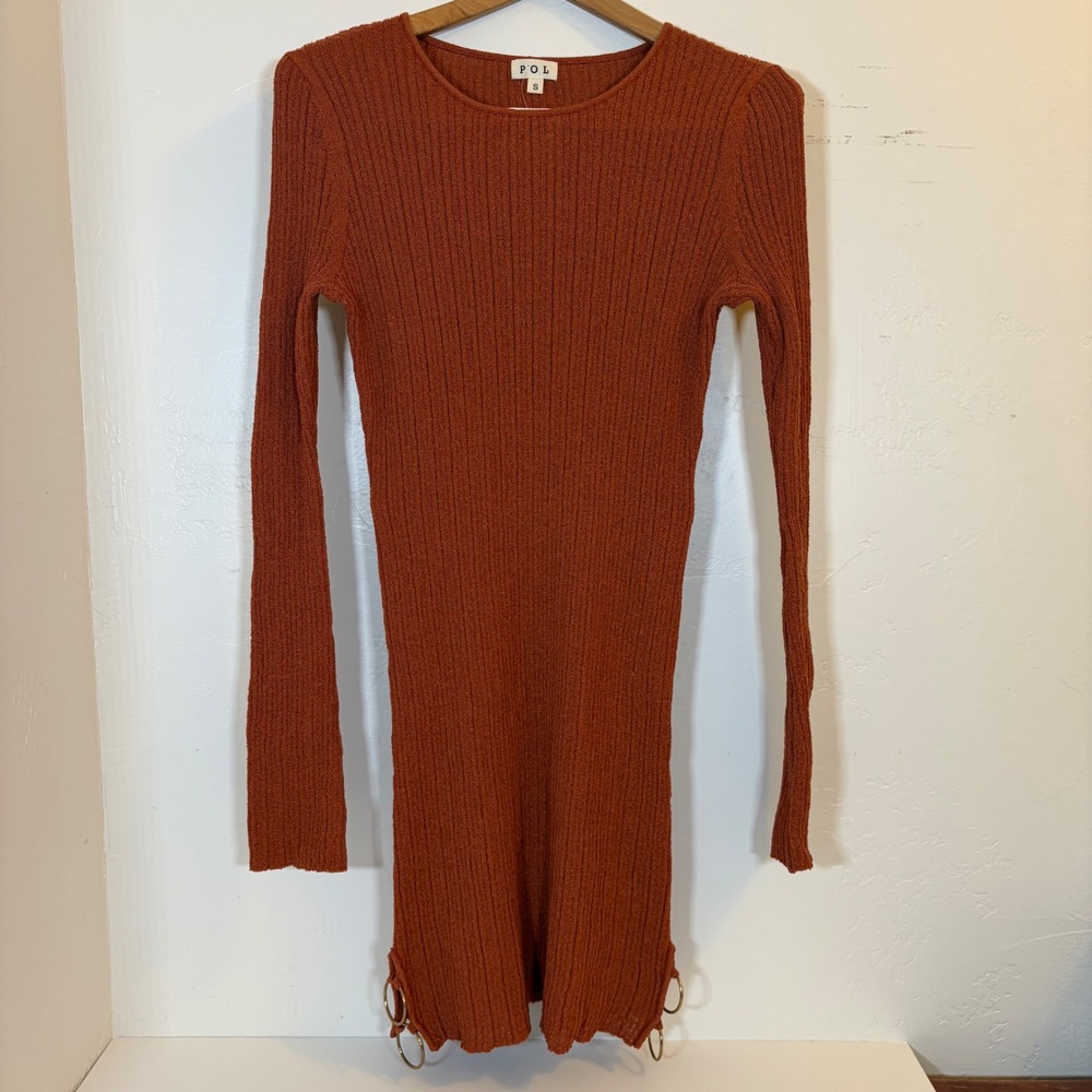 New-POL Ribbed Knit Long Sleeve Mini Dress Rust Orange Gold Ring Side Detail‎ S - Picture 5 of 8